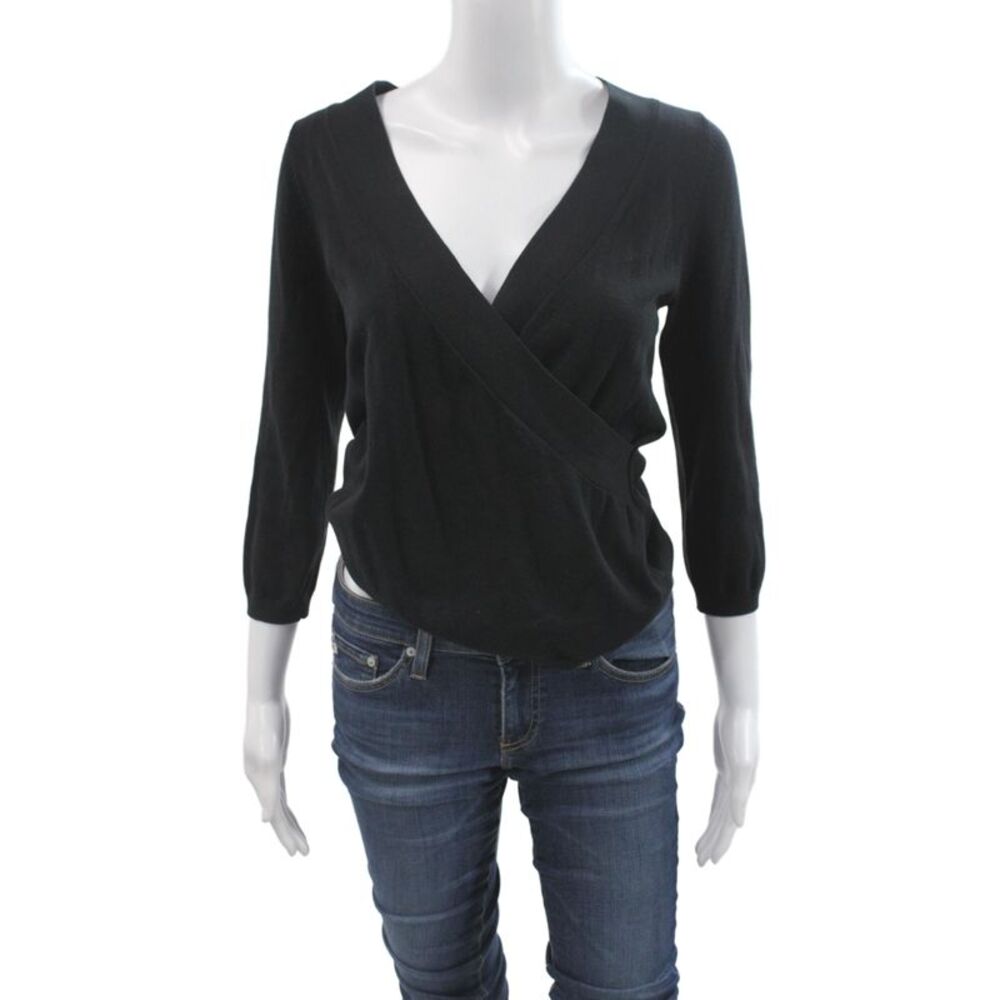 Max Mara Women Wrap Sweater Black V-Neck 3/4 Sleeve Classic Size L